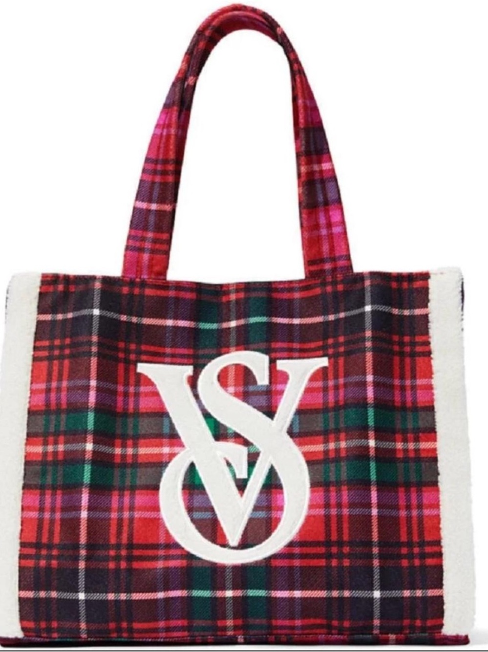 PINK Victoria's Secret Red Plaid Tote with White Monogram